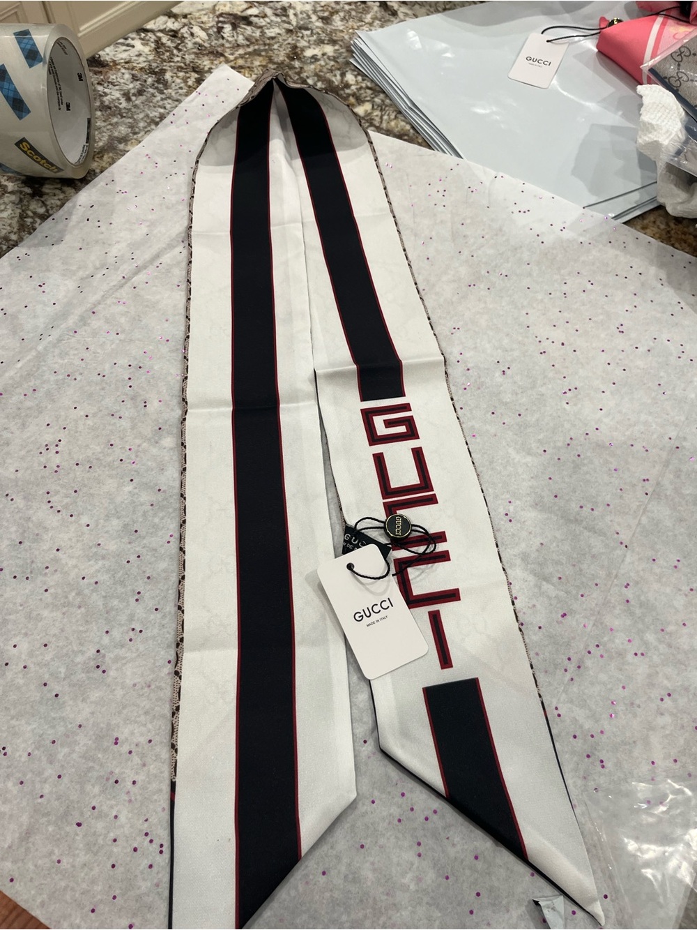 Gucci Beige GG Monogram and White Logo Silk Skinny Scarf with Black Accents - Picture 3 of 3